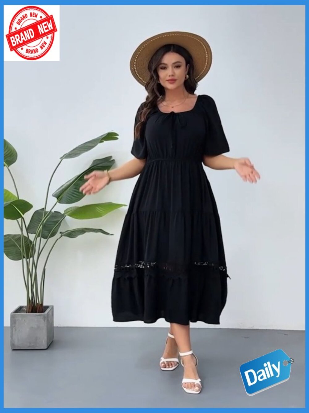 Plus Size Maxi Dress Ruffle Sleeve Square Neck Flowy A-Line Lace Trim - Picture 7 of 7